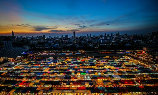 aerial photography of city buildings during night time